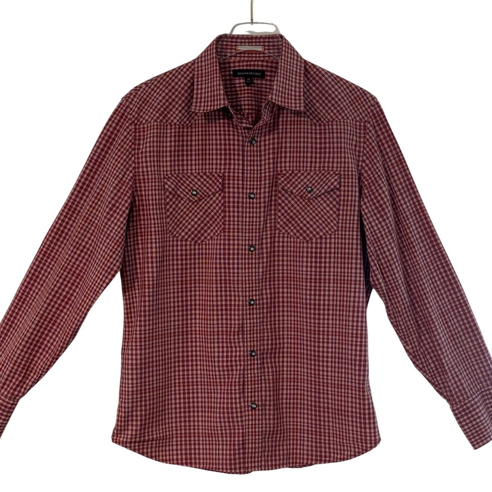 Banana Republic Womens M Red Plaid Western Snap Button Down Long Sleeve Shirt
